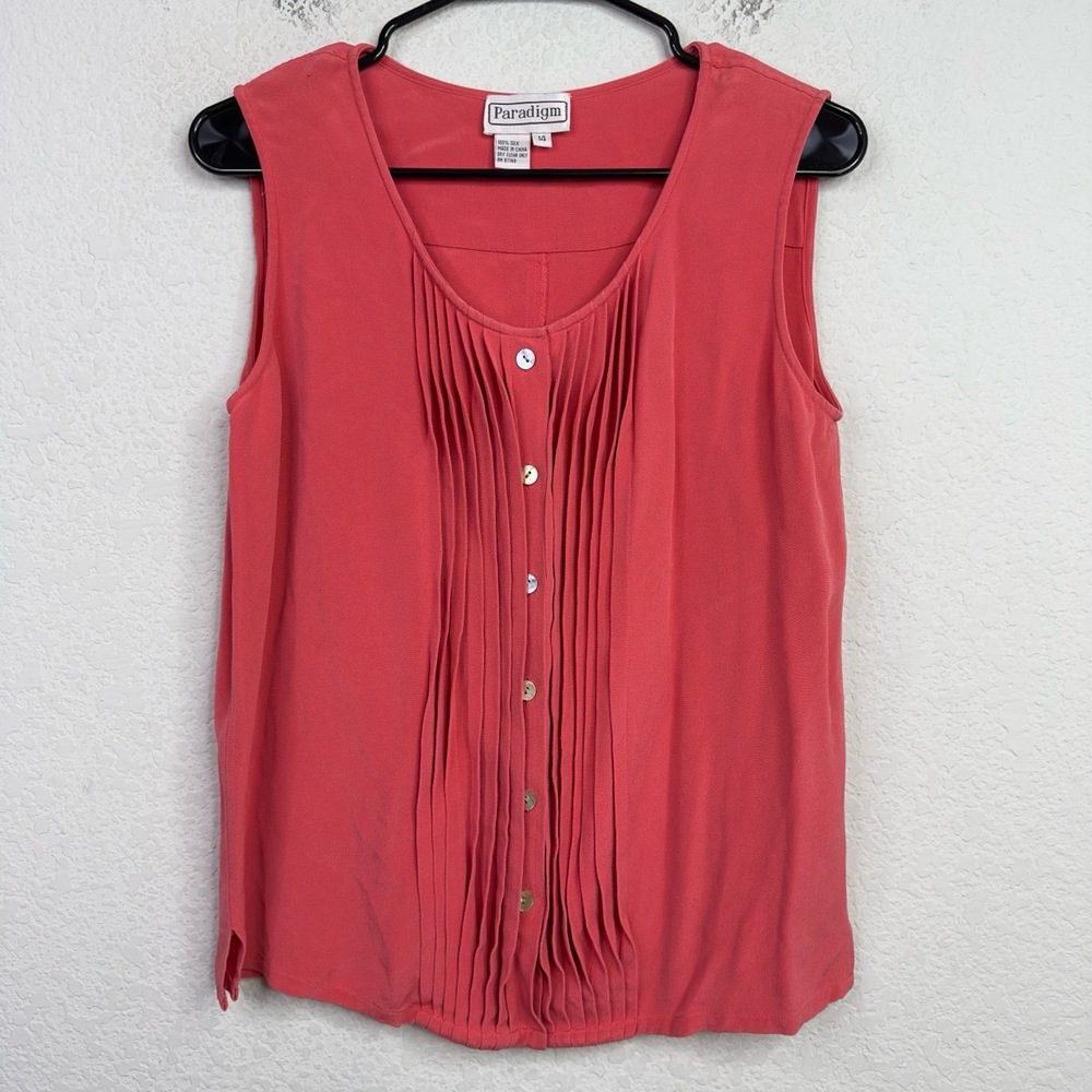 Paradigm Shirt Women 14 Red Silk Sleeveless Button Vintage Career Office Minimal